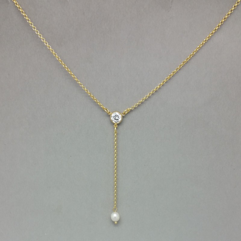 pearl, crystal, and gold lariat necklace